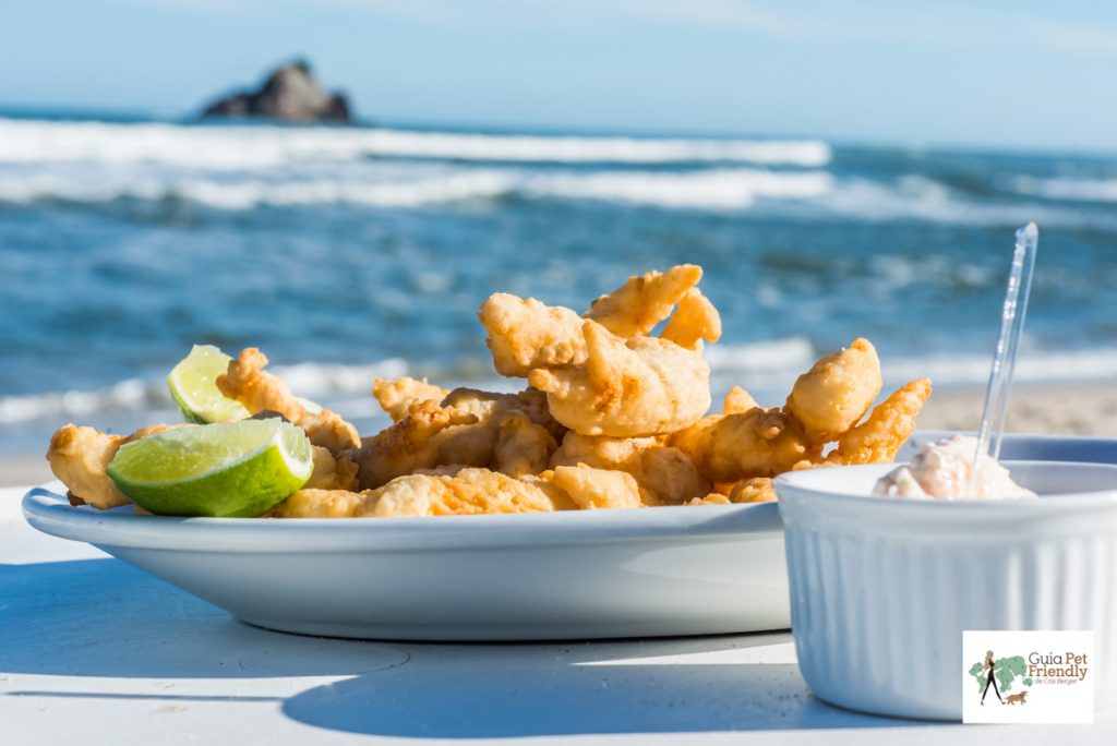 porção de peixe frito com o mar ao fundo