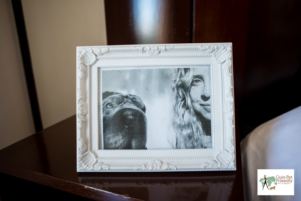 porta retrato com foto de mulher e cachorro