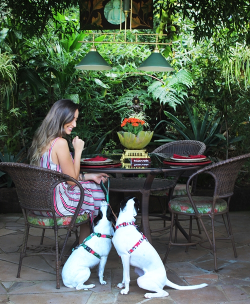 mulher sentada na cadeira com duas cachorras