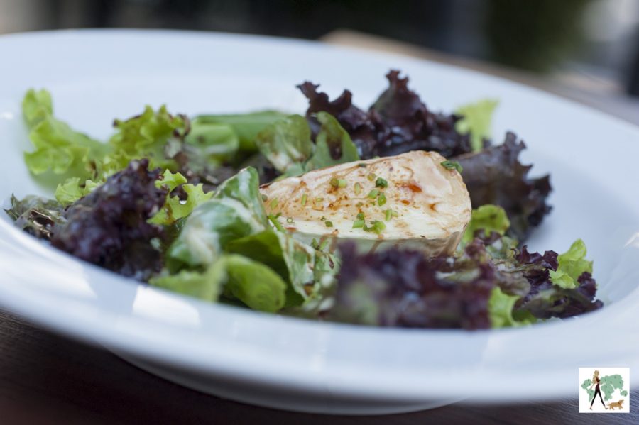 Salada de folhas com queijo brie e molho de vinho tinto