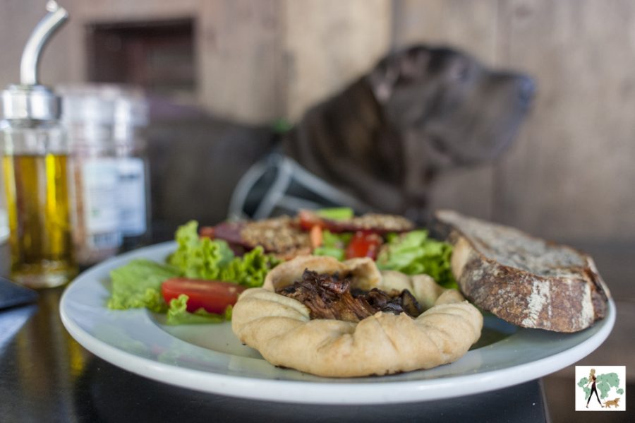 salada com torta rústica e fatia de pão com fermentação natural