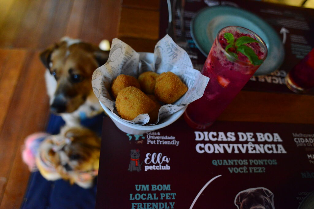 imagem mostrando o jogo americano em uma mesa de restaurante com dois cachorros ao fundo